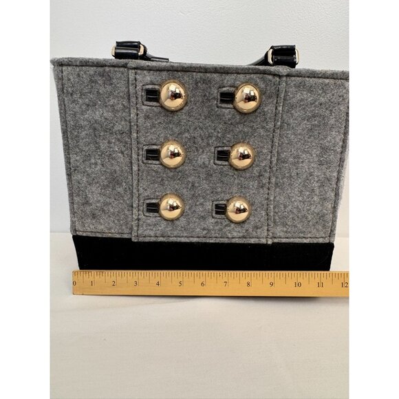 NWOT Kate Spade Black & Gray Wool Blend Tote Bag Gold Button Polka Dot Interior - Picture 9 of 12